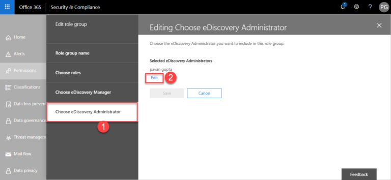 Choose eDiscovery administrator and edit