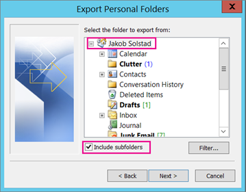 choose email account to export