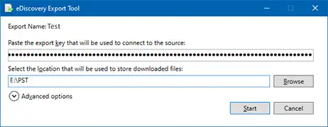 paste the copy key and defined the path to export mailbox from office 365 to pst by ediscovery