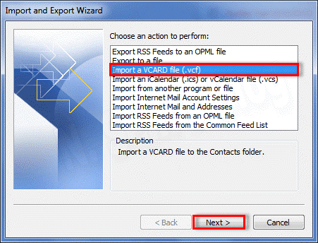 click the Import vCard file