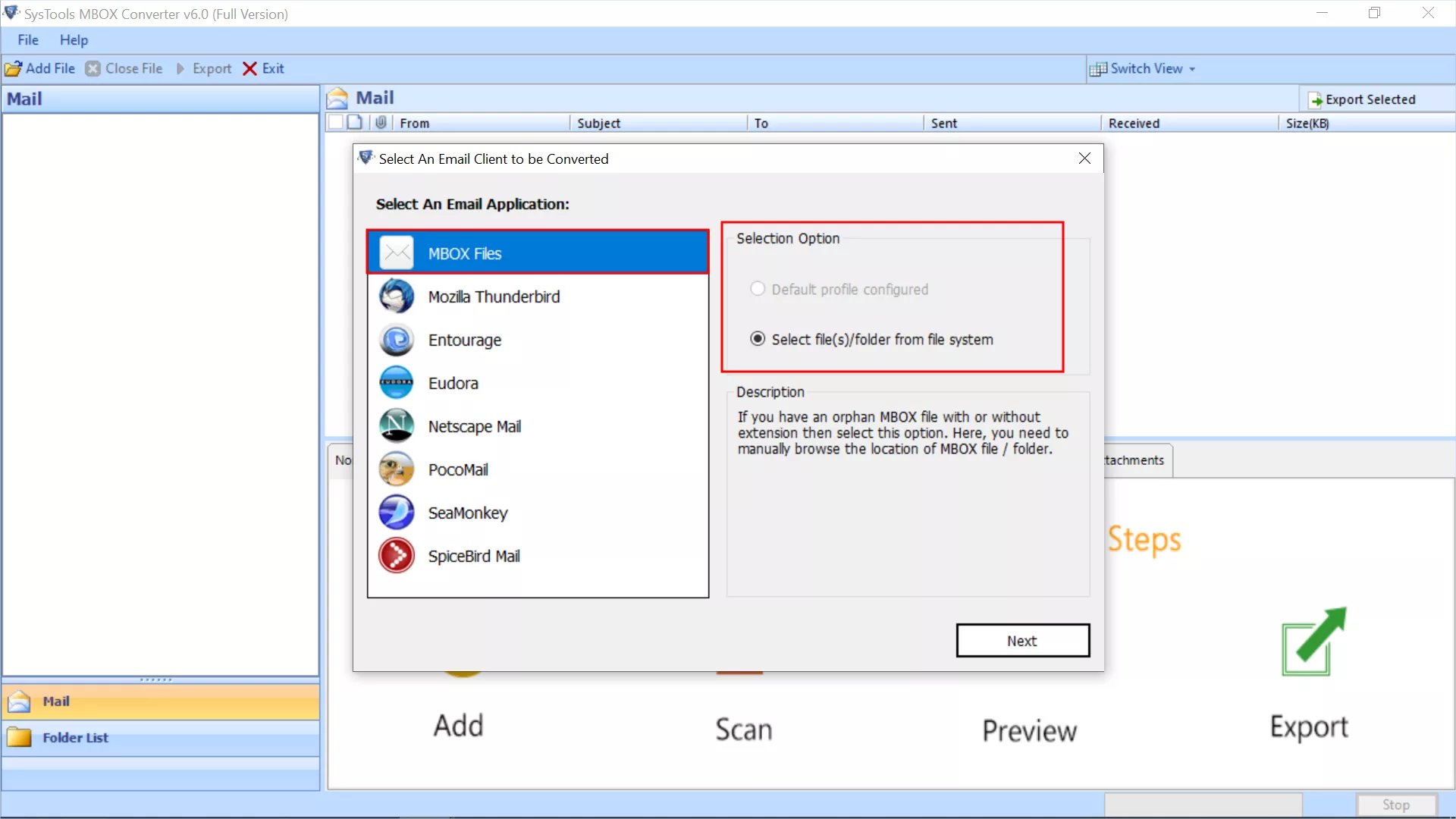 select and add mbox file