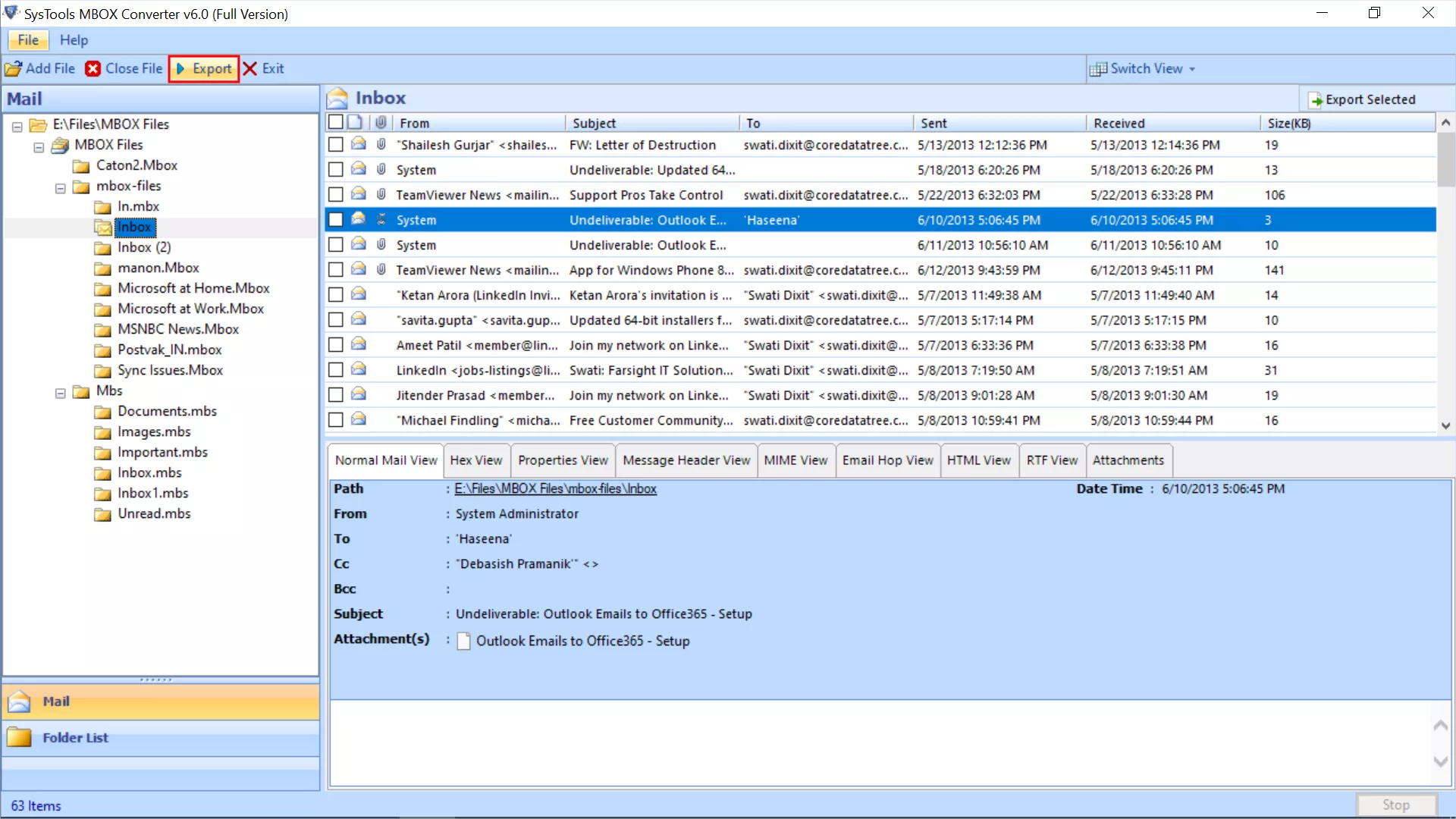 choose export or export selected