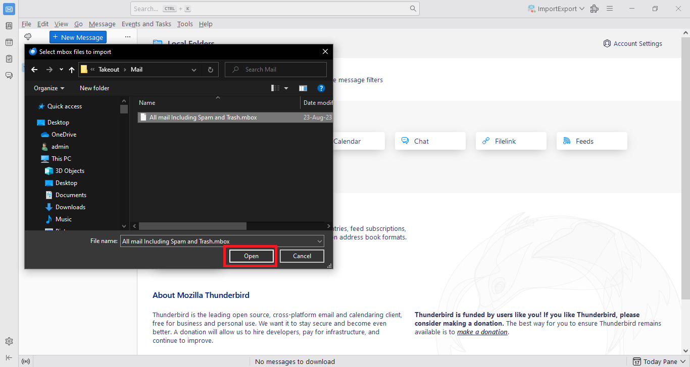 click on open to select the mbox file