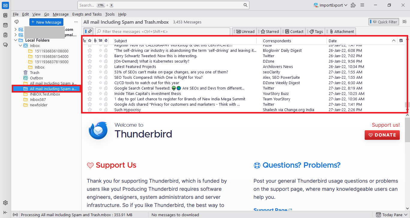 all emails successfully imported from MBOX to Thunderbird